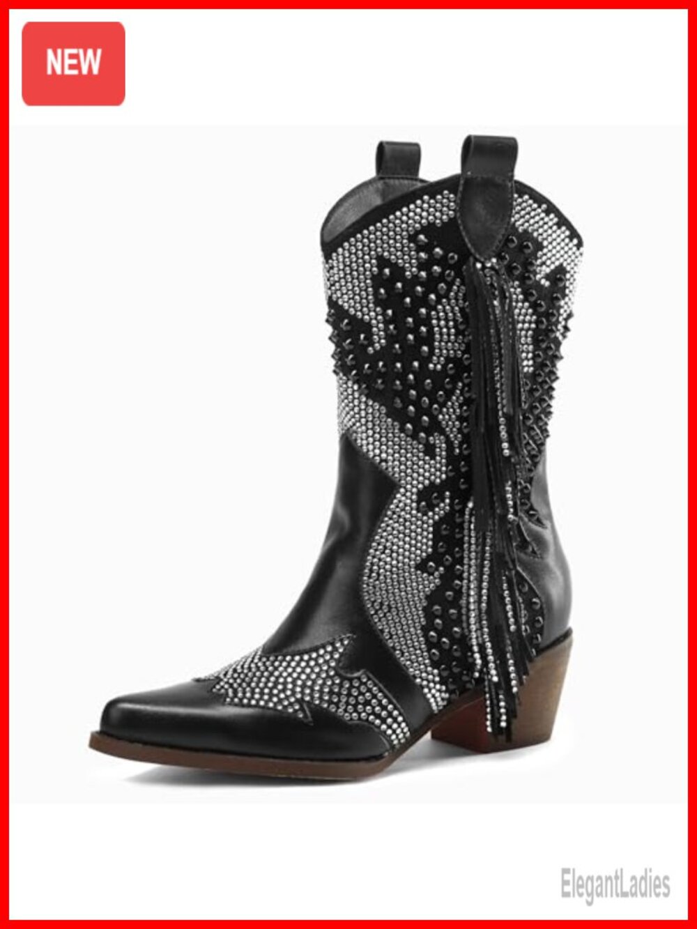 Rhinestone Cowboy Ankle Boots Pointed Toe Tassel Chunky Heel Slip-On